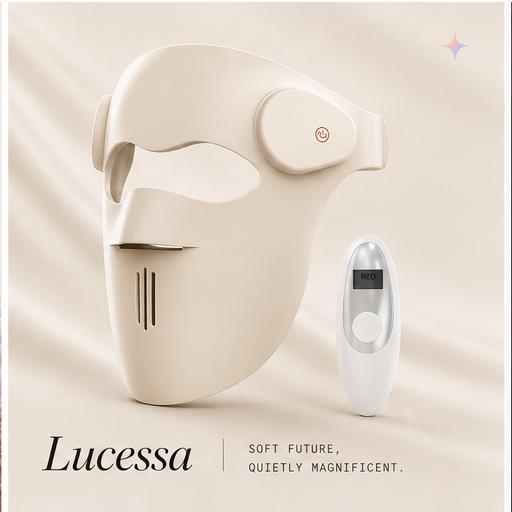Lucessa LED mask, wireless remote, USB-C cable and silicone pad — flat lay